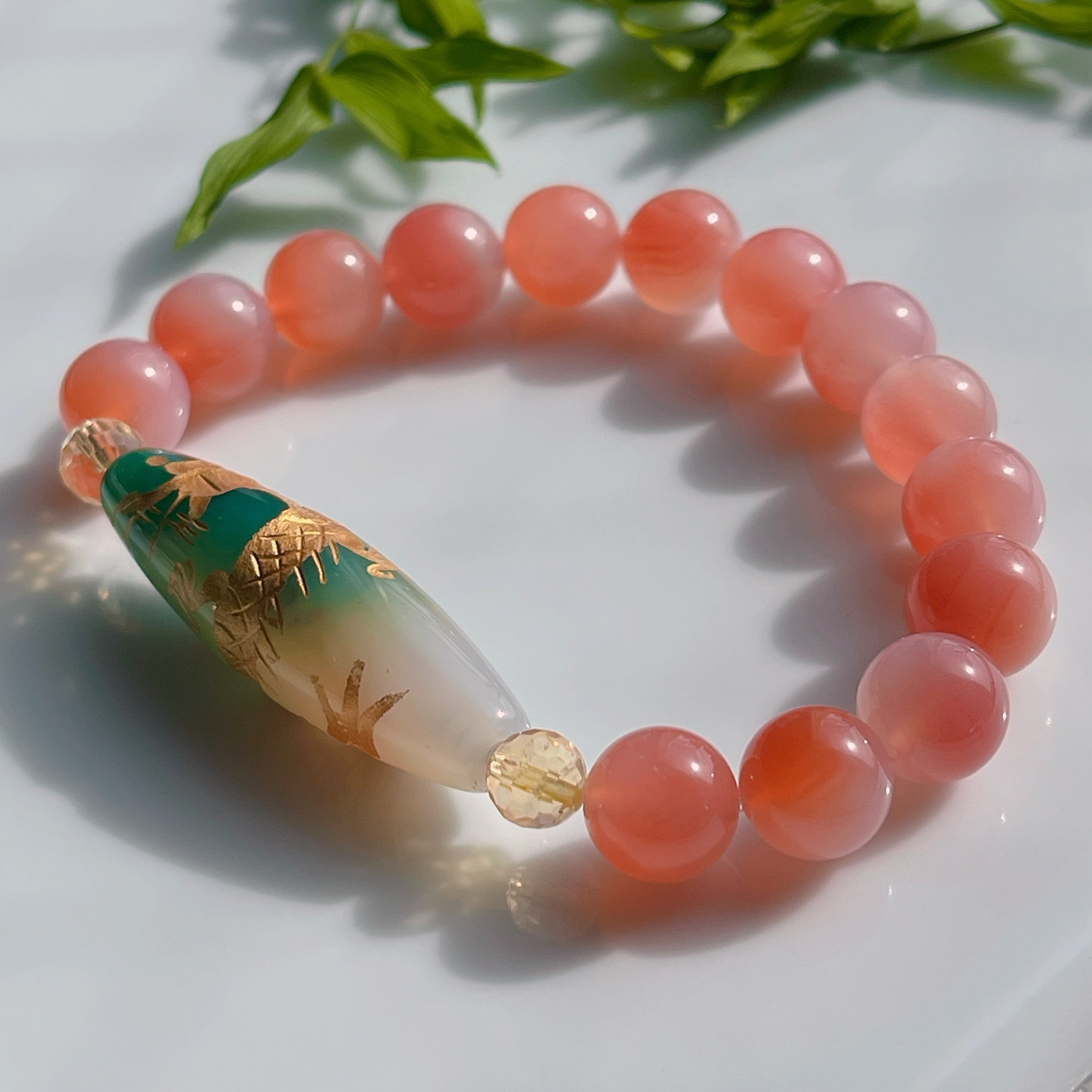 手彫り皇帝龍天珠&塩原瑪瑙ブレス〜シトリンを添えて