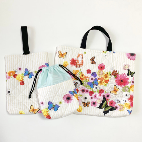 カラフル(WH)×ミント入園入学グッズ5点セット/裏地キルティング