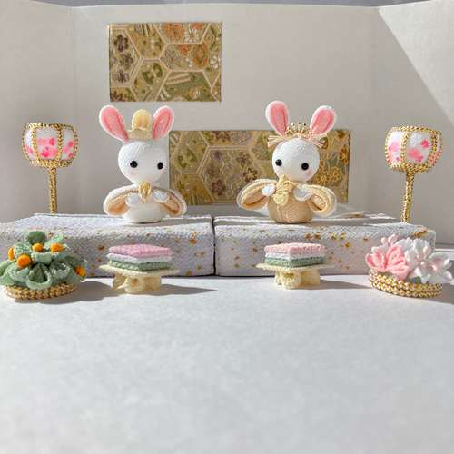 うさぎのお雛様フルセット③(ホワイト×ベージュ) つまみ細工 ちりめん
