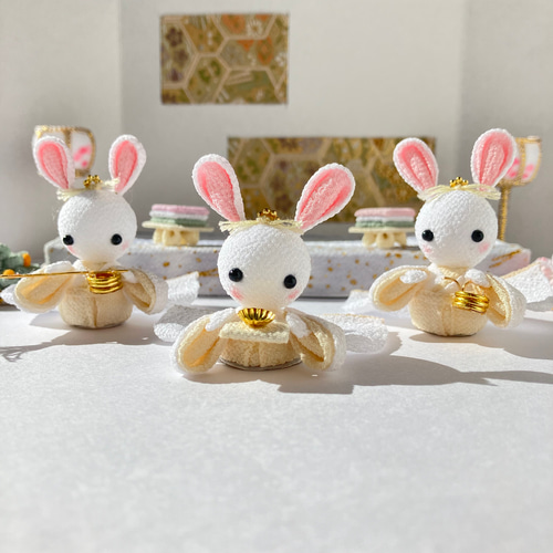 うさぎのお雛様フルセット③(ホワイト×ベージュ) つまみ細工 ちりめん