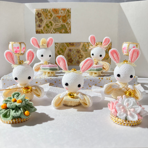 うさぎのお雛様フルセット③(ホワイト×ベージュ) つまみ細工 ちりめん