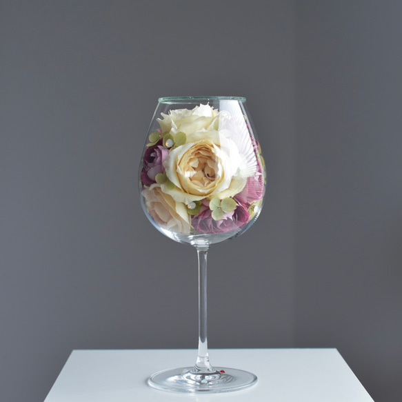 「Ema」薔薇と紫陽花のワイングラスのドライフラワー　ガラスドーム 【一点モノ】 7枚目の画像