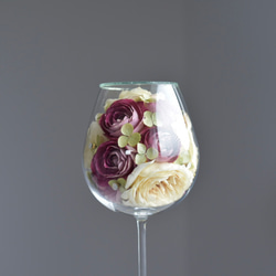 「Ema」薔薇と紫陽花のワイングラスのドライフラワー　ガラスドーム 【一点モノ】 10枚目の画像