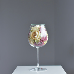 「Ema」薔薇と紫陽花のワイングラスのドライフラワー　ガラスドーム 【一点モノ】 2枚目の画像