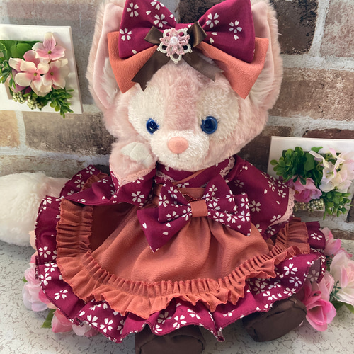 リーナベルSサイズ☆エンジ桜花柄 和着物ドレス6点コスチューム