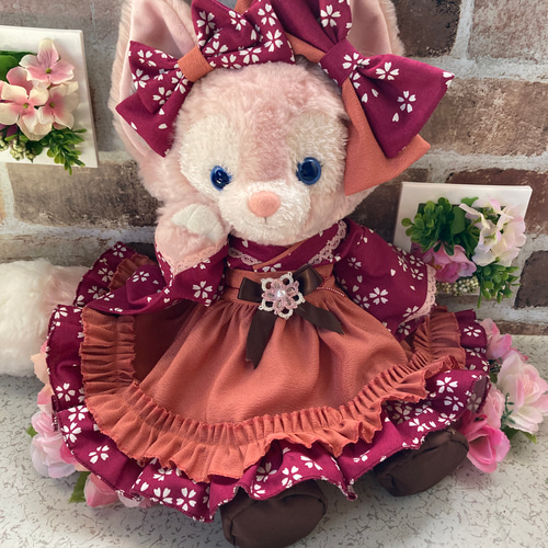 リーナベルSサイズ☆エンジ桜花柄 和着物ドレス6点コスチューム リーナベルSサイズ☆エンジ桜花柄 和着物ドレス6点コスチューム