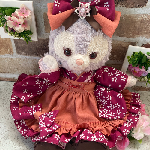 【現品限り一斉値下げ！】 ステラルー Sサイズ☆エンジ桜花柄 和着物ドレス6点 ぬいぐるみ