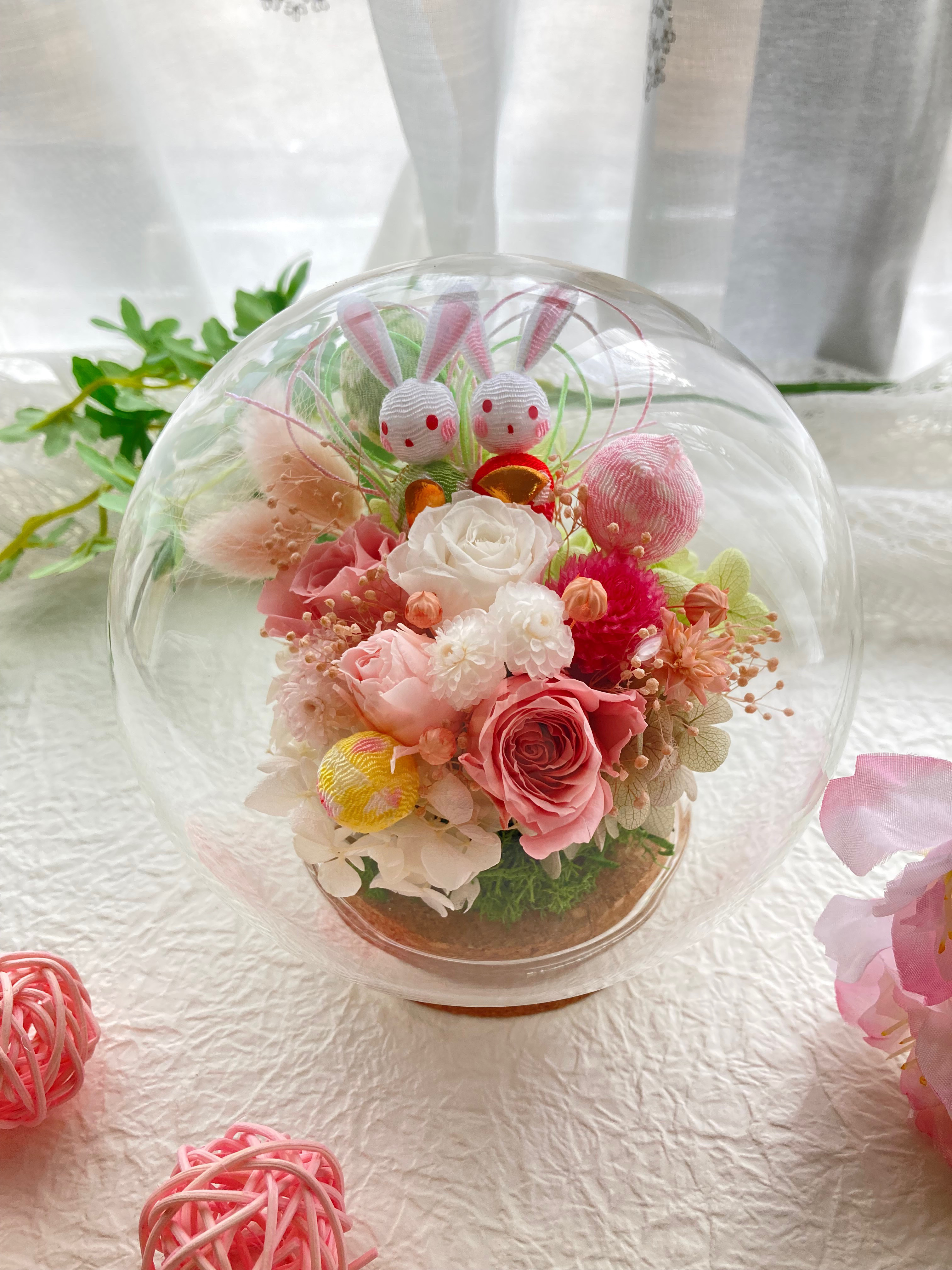 プリザーブドフラワー結ひなうさぎピック 春色インテリアガラスドーム 敬老の日ギフト 結婚出産祝い 開店還暦母の日ギフト
