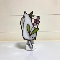 フットランプ（片耳グレー白猫とピンクの花） Creema限定 2枚目の画像