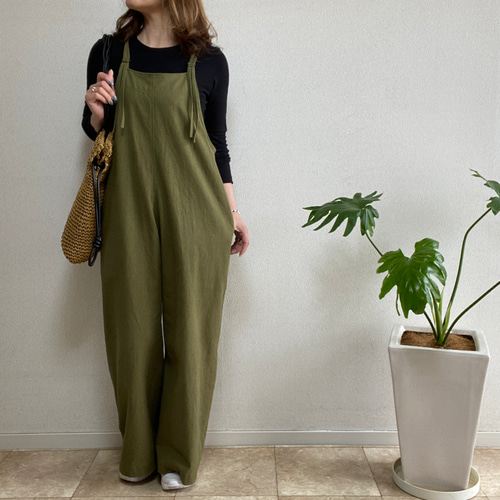 即納！】大人の細見え♪リラックスサロペット(オリーブカーキM