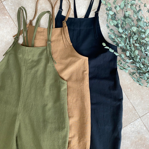 即納！】大人の細見え♪リラックスサロペット(オリーブカーキM