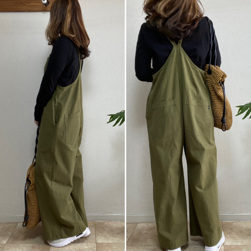 即納！】大人の細見え♪リラックスサロペット(オリーブカーキM