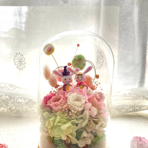 プリザーブドフラワーガラスドームひな祭りアレンジ うさぎ 敬老の日
