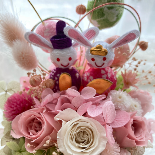 プリザーブドフラワーガラスドームひな祭りアレンジ うさぎ 敬老の日