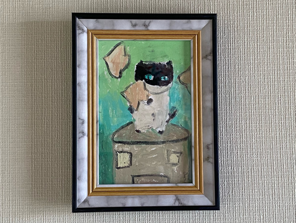 絵画。原画【可愛い猫ちゃんは飛んでいる白いハトと遊ぶ】 絵画 アカザ  