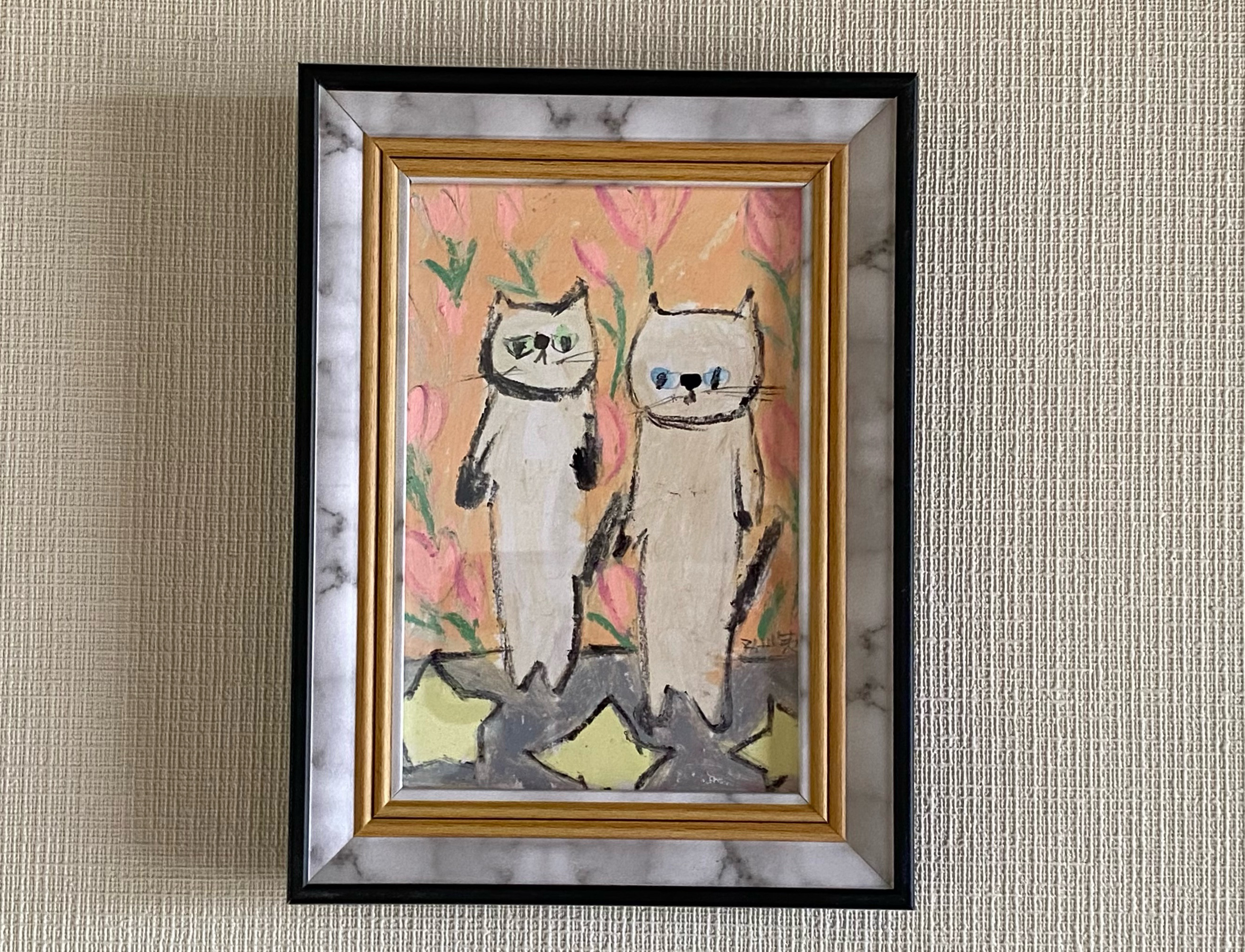 ポピー遊ぶ花畑 F6 キャンバス アクリル画 絵画。原画【猫ちゃん