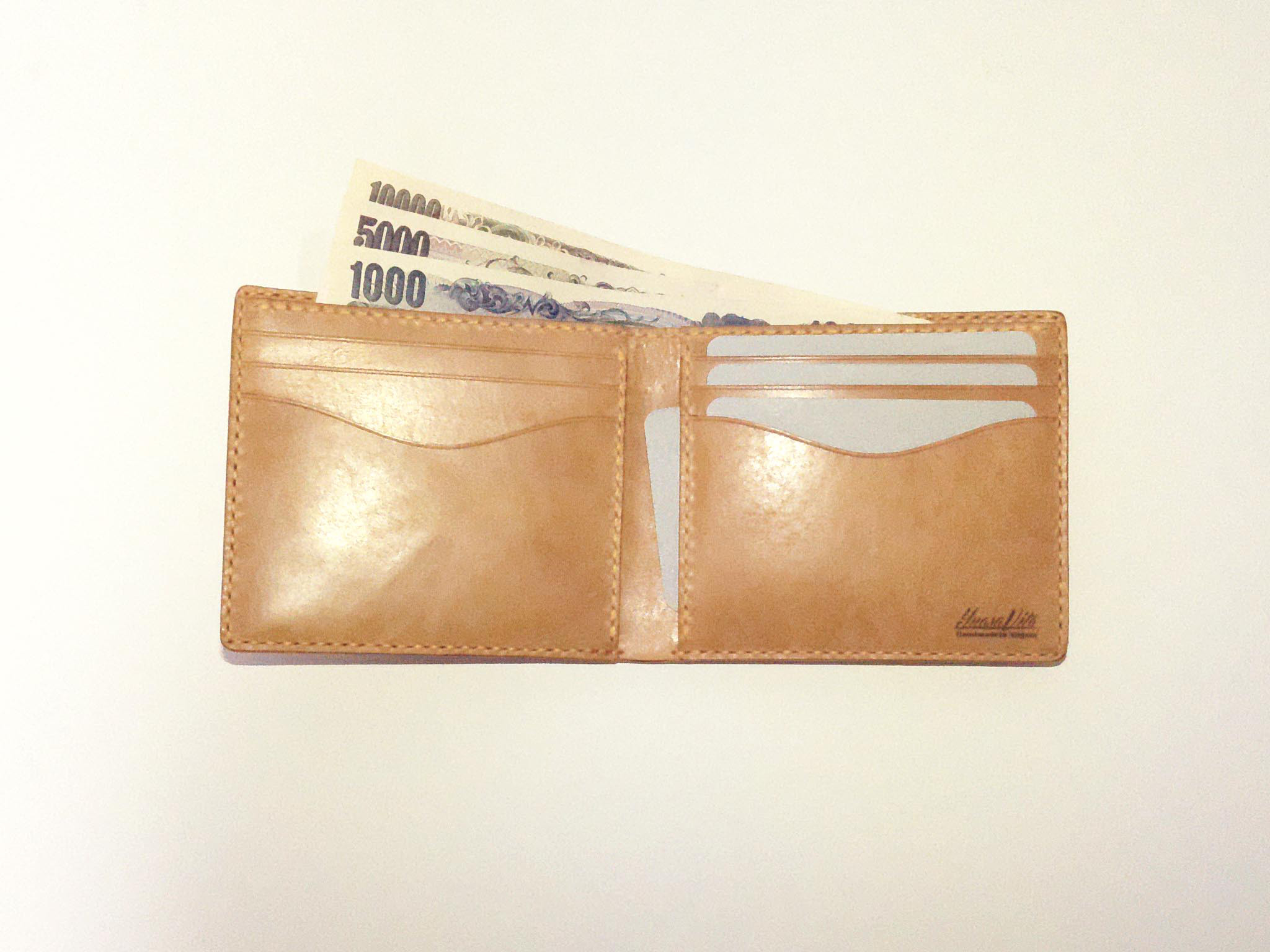 【色選択可】手縫いの薄型二つ折り革財布 札入れ カード入れ