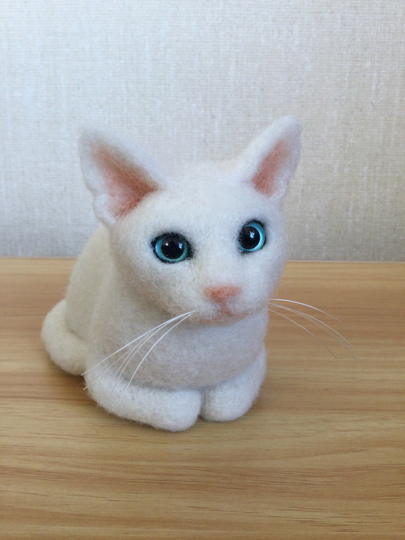 羊毛フェルト　白猫　箱座り　ブルーアイ 7枚目の画像