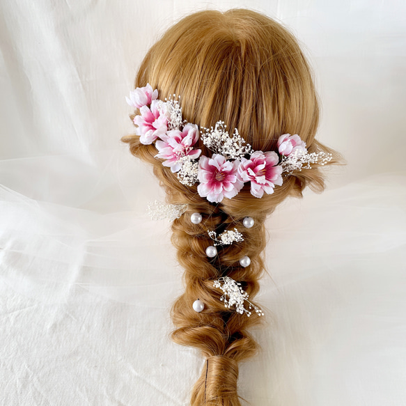 桜　パール　ウエディング　ブライダル　ヘッドドレス　造花　カラードレス　振袖　和装　成人式　髪飾り　かすみ草　色打掛2 11枚目の画像
