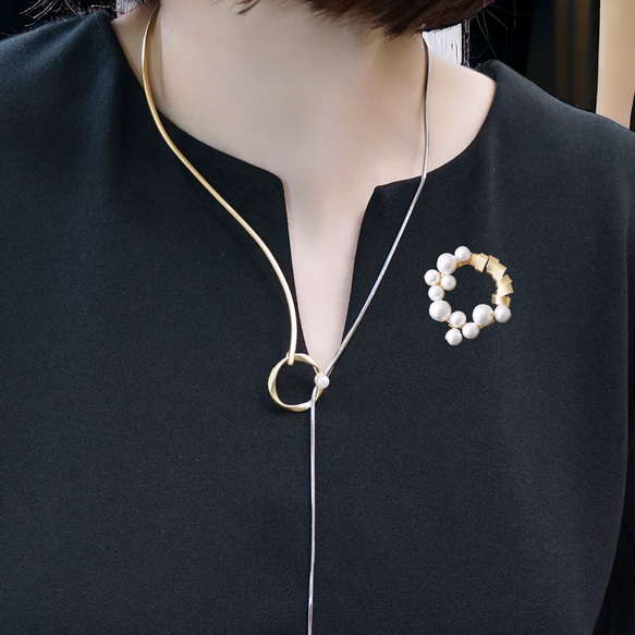 【母の日/フォーマル】サークルブローチ「horn+cotton」ギフトBOX 対応可　コットンパール　真鍮　卒入 5枚目の画像