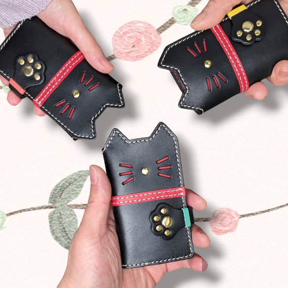 【2日以内発送可】子猫の三つ折りレザーキーケース＊カードポケット付き 1枚目の画像