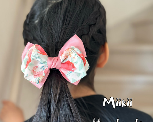 卒園式・入学式・発表会 可愛い花柄韓国リボン 【ローズ、レッド、白