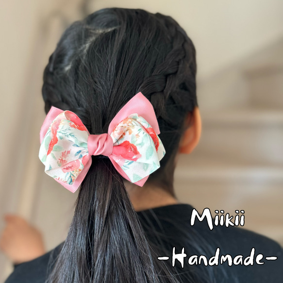 卒園式・入学式・発表会 可愛い花柄韓国リボン 【ローズ、レッド、白