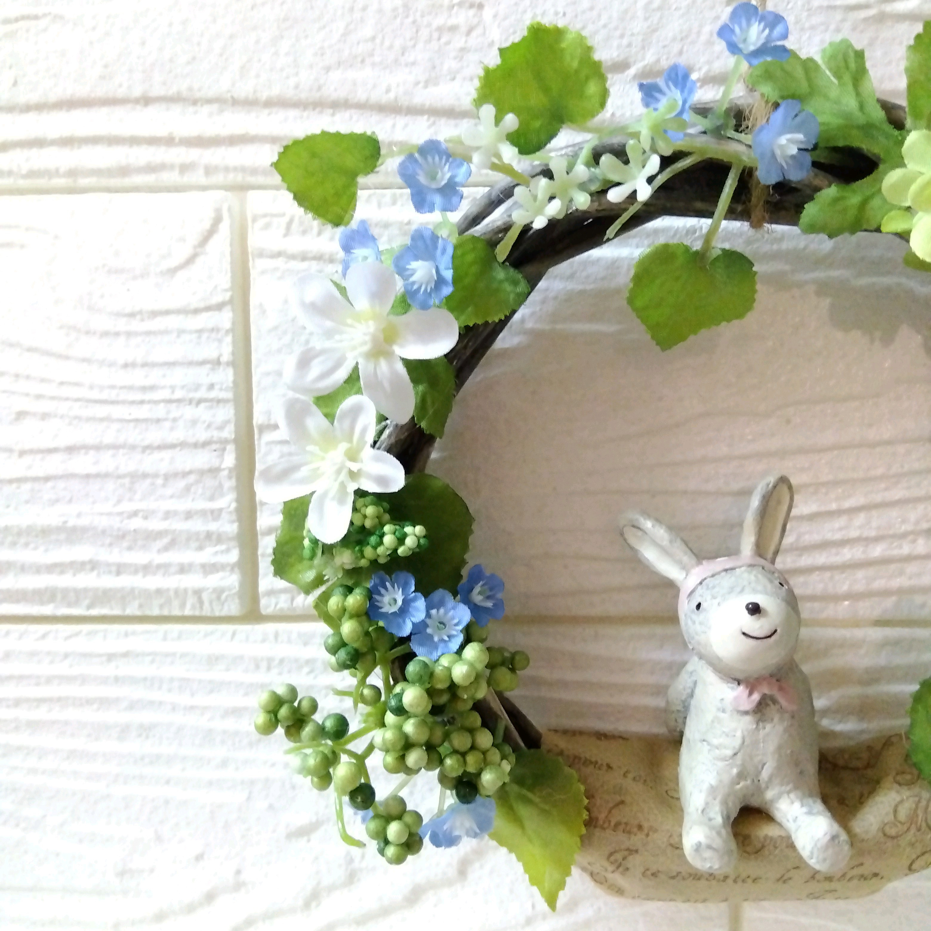 ナチュラルリース　母の日　お花　ミモザ  ハンドメイド　うさぎ　春　夏　玄関　兎 ナチュラルリース母の日お花ミモザ ハンドメイドうさぎ春夏玄関兎
