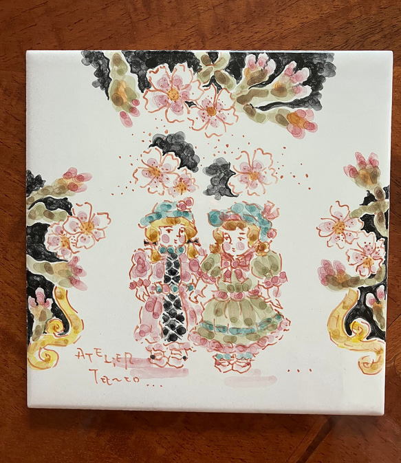 【桜ハンドメイド2024】スペインタイルアート ～アトリエターコの「ドールとさくら」～《送料無料》 4枚目の画像