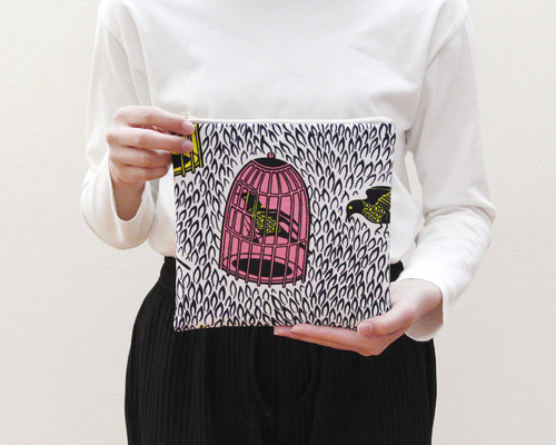 大容量・フラットポーチ（鳥とカゴ）大きいポーチ 化粧ポーチ アフリカ