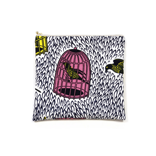 大容量・フラットポーチ（鳥とカゴ）大きいポーチ 化粧ポーチ アフリカ