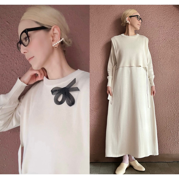RATA❤️春季針織連身裙和背心，帶抽繩，打造修身成人造型❤️日本原創產品❤️時尚優雅的象牙色❤️適合日常穿著和儀式 第1張的照片