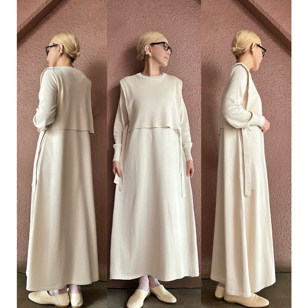 RATA❤️大人の細見え春ニットワンピース＆紐付きベスト❤️国産オリジナル❤️おしゃれ上品アイボリー❤️普段着&式にも