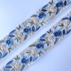 【50cm】インド刺繍リボン　ブルー　チュール　GN904 5枚目の画像