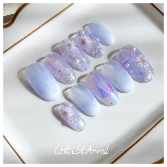 もやもや×シアー花柄ネイル(ブルーパープル) ネイルチップ（つけ爪