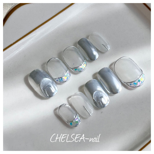ミラー×クリアフレンチネイル(シルバー) ネイルチップ（つけ爪