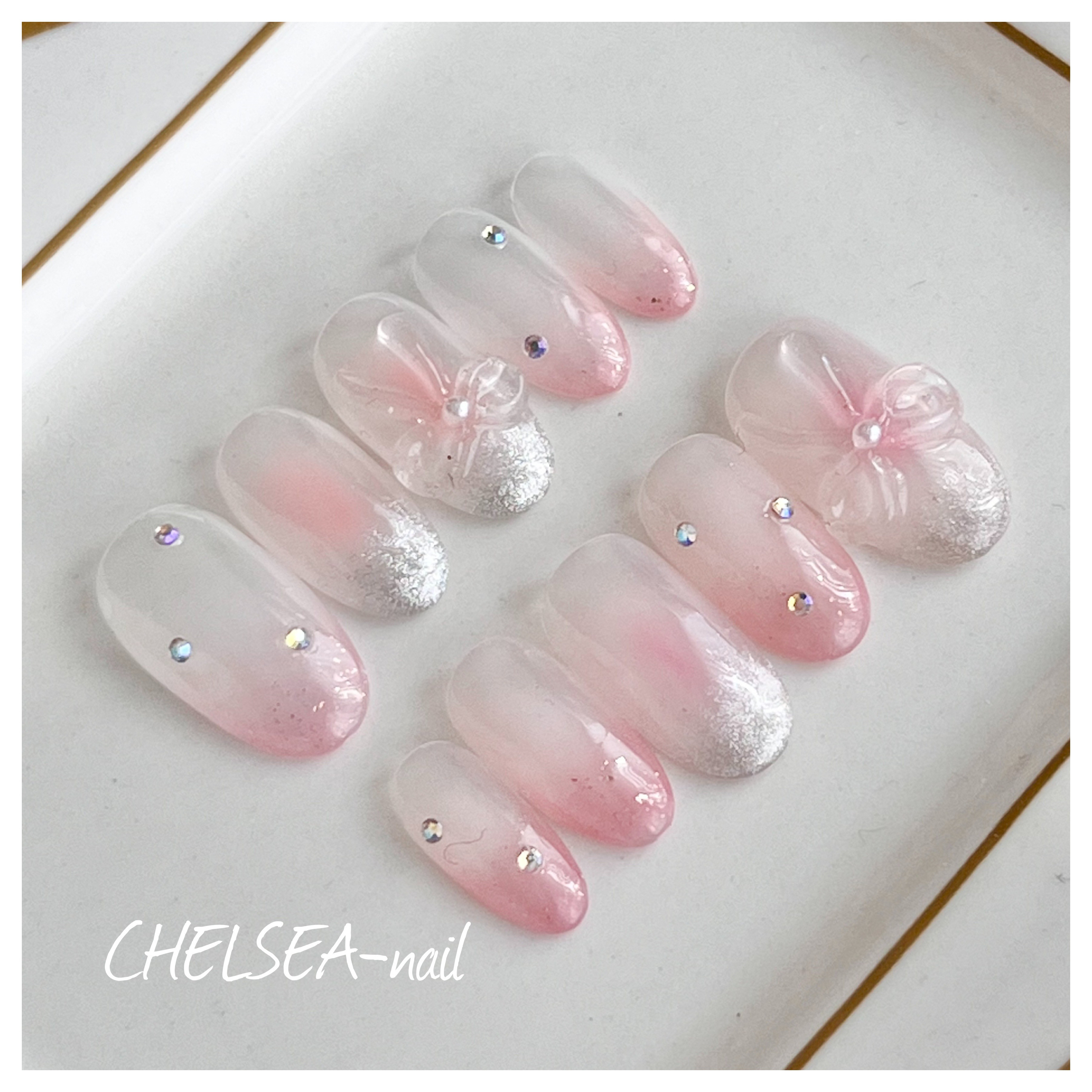 クリアリボン×チークネイル(ピンク) ネイルチップ（つけ爪） CHELSEA