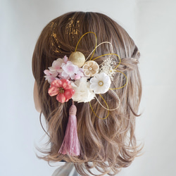 T2  桜　ピンク　つまみ細工　髪飾り　卒業式　袴　結婚式　水引　かすみ草　和玉　成人式 1枚目の画像