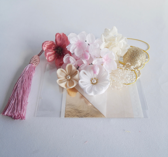 T2  桜　ピンク　つまみ細工　髪飾り　卒業式　袴　結婚式　水引　かすみ草　和玉　成人式 4枚目の画像