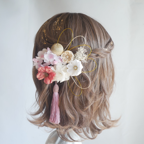 T2  桜　ピンク　つまみ細工　髪飾り　卒業式　袴　結婚式　水引　かすみ草　和玉　成人式 3枚目の画像