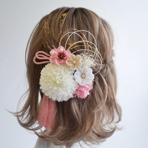 T2 ピンク つまみ細工 髪飾り 卒業式 袴 結婚式 水引 かすみ草 和玉