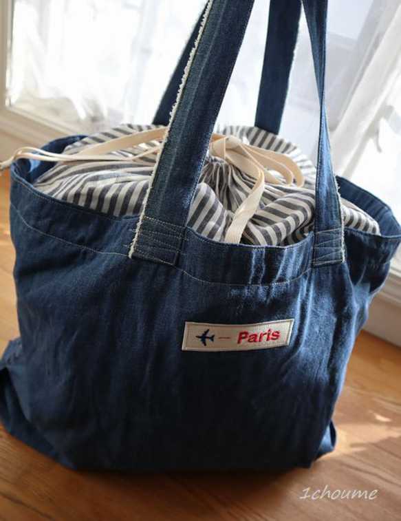 ソフトデニム 大きめ巾着トート①Paris/stripe ②London/check