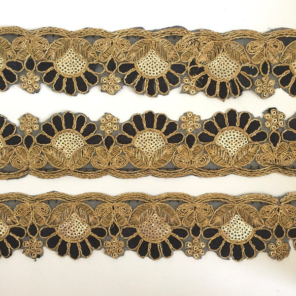 【50cm】インド刺繍リボン　ゴールドxブラック　チュール　GN931 8枚目の画像