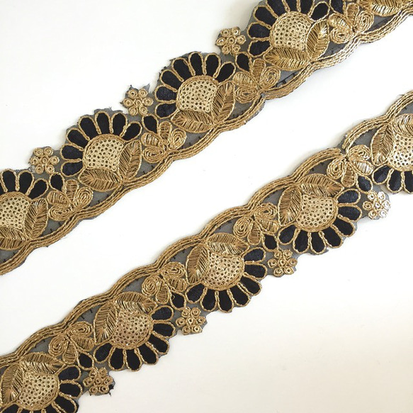 【50cm】インド刺繍リボン　ゴールドxブラック　チュール　GN931 7枚目の画像