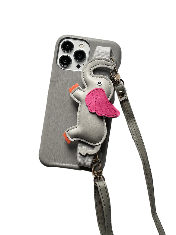 iPhoneケース　ショルダーストラップ付き　ハンドベルト付き 大人可愛い　象　高級感 5枚目の画像