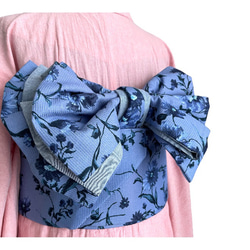 [浴衣用(紬や小紋にも)-作り帯】半巾帯　木綿　ワッフル地　花柄　ブルー 2枚目の画像