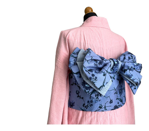 [浴衣用(紬や小紋にも)-作り帯】半巾帯　木綿　ワッフル地　花柄　ブルー 1枚目の画像