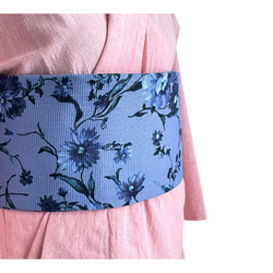 [浴衣用(紬や小紋にも)-作り帯】半巾帯　木綿　ワッフル地　花柄　ブルー 5枚目の画像