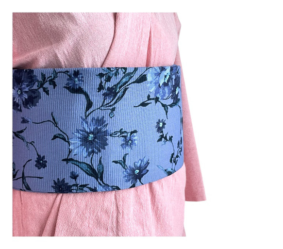 [浴衣用(紬や小紋にも)-作り帯】半巾帯　木綿　ワッフル地　花柄　ブルー 5枚目の画像