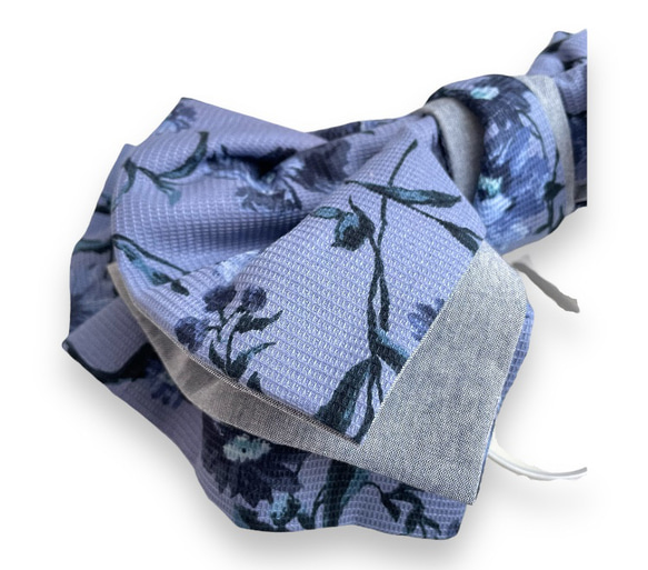 [浴衣用(紬や小紋にも)-作り帯】半巾帯　木綿　ワッフル地　花柄　ブルー 7枚目の画像